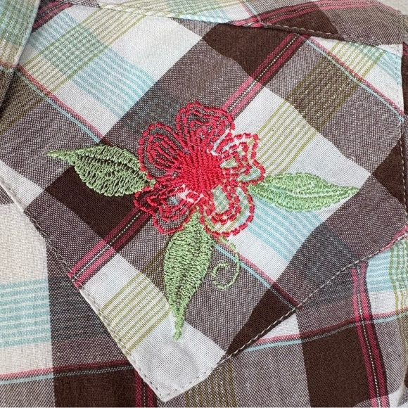 Shyanne Cotton Western Snap Front Brown Plaid Shirt Sz L Floral Embroidery Rodeo - Picture 5 of 17
